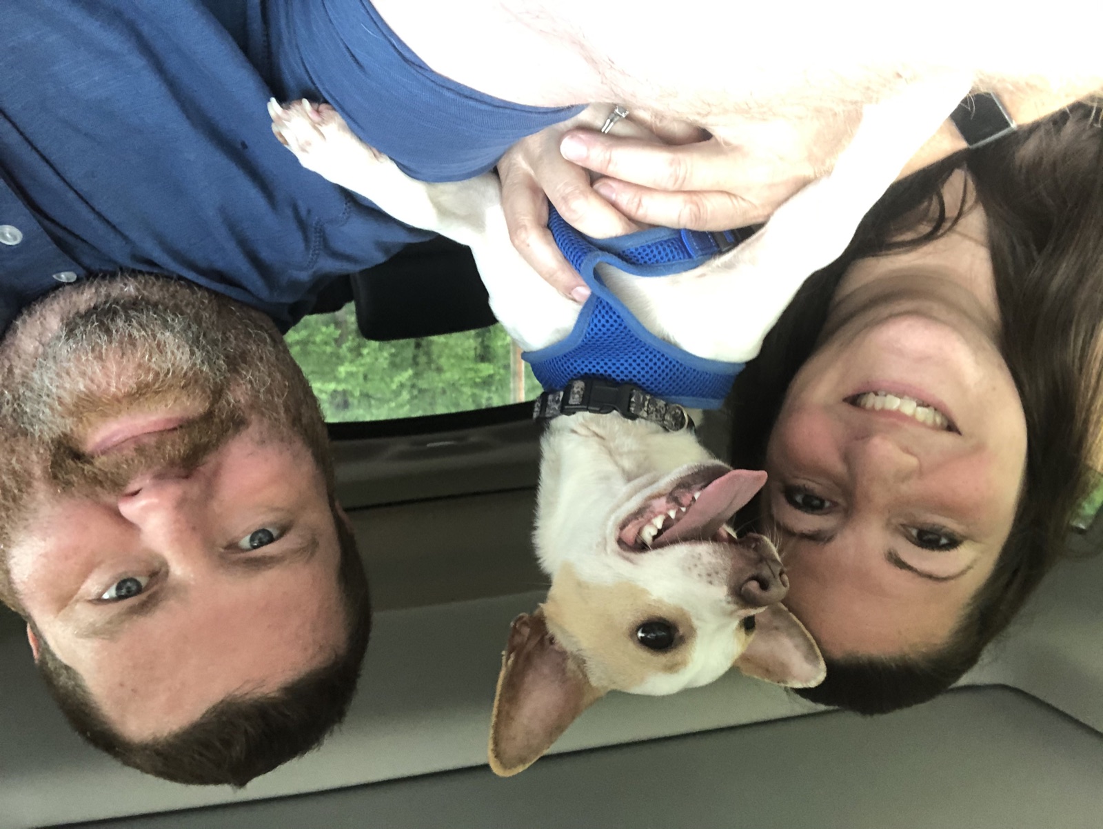 Frankie smiling in the car with his family